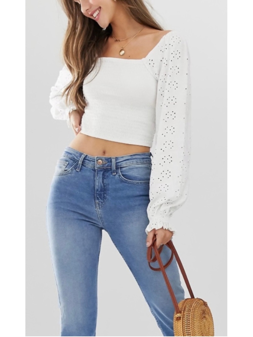 ASOS Cottagecore Milkmaid shirred top with square neck and broderie sleeve